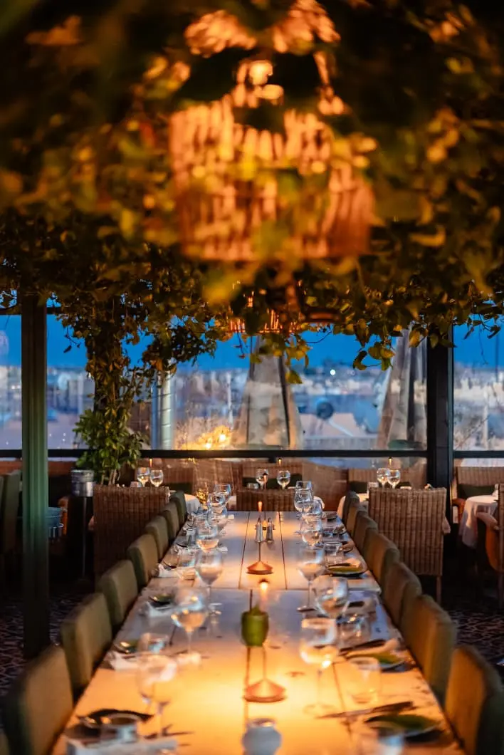 Sunset view from the sky bar rooftop at Le Salama Marrakech